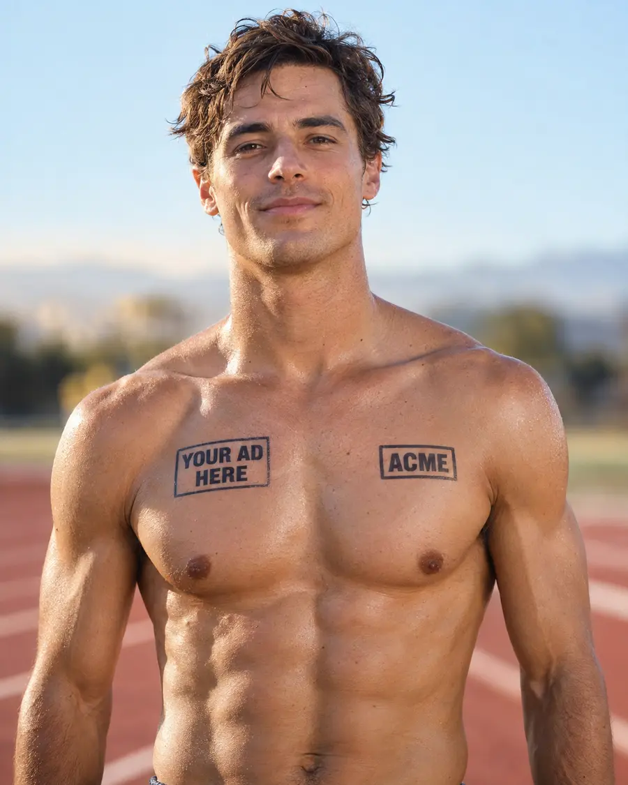 Male athlete with Your Ad Here and ACME temporary tattoo sponsorships on his chest